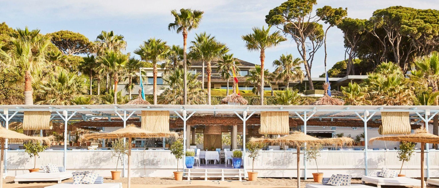 Rustic beach club on a sandy beach, with white-cushioned daybeds, thatched umbrellas and palms and trees in the background
