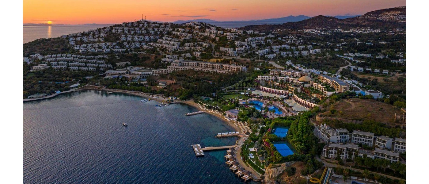 Aerial view of Sianji Wellbeing Resort, on a hillside over the Aegean Sea