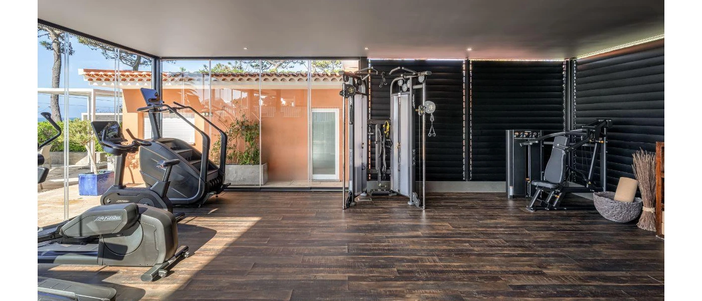 Gym with dark-wood floors, treadmills, bikes and a stepper with floor-to-ceiling windows
