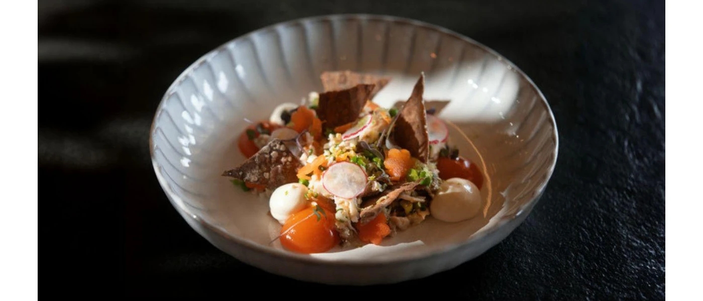 Salad dish with cherry tomatoes and mozarella cheese with garnish and bread chips