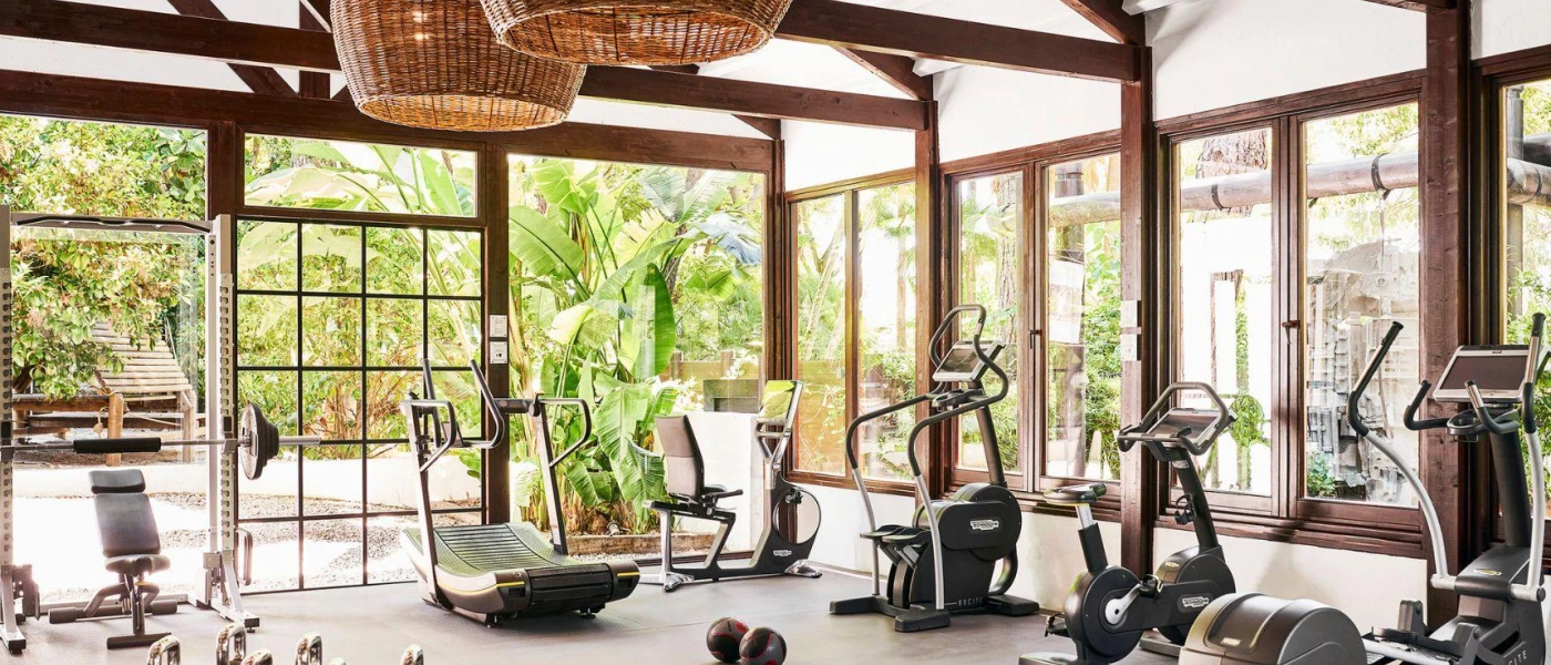 Gym with white walls, wooden beams and full-length windows and doors equipped with treadmills and bike machines