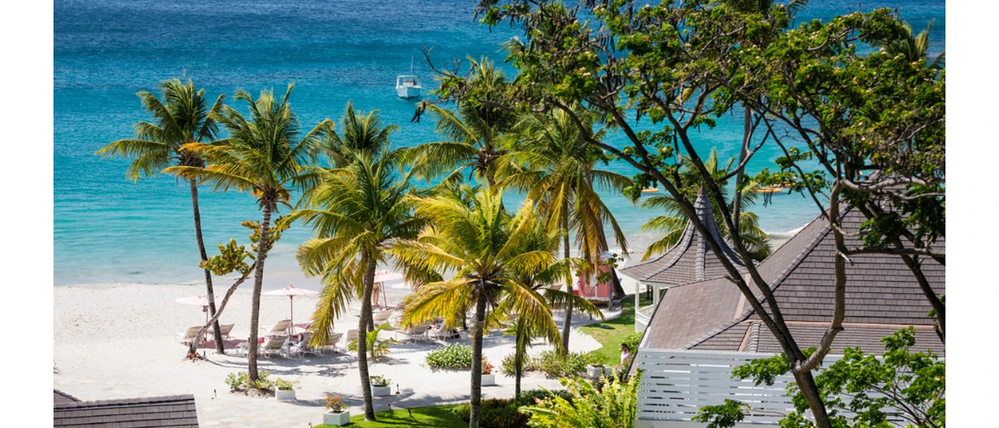 White-sand beach with loungers and palm trees overlooking the turquoise ocean