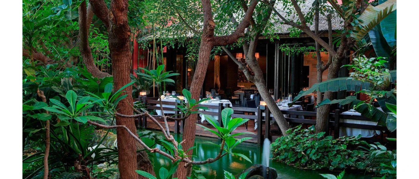 Outdoor restaurant terrace with white tablecloths as seen through surrounding tropical greenery