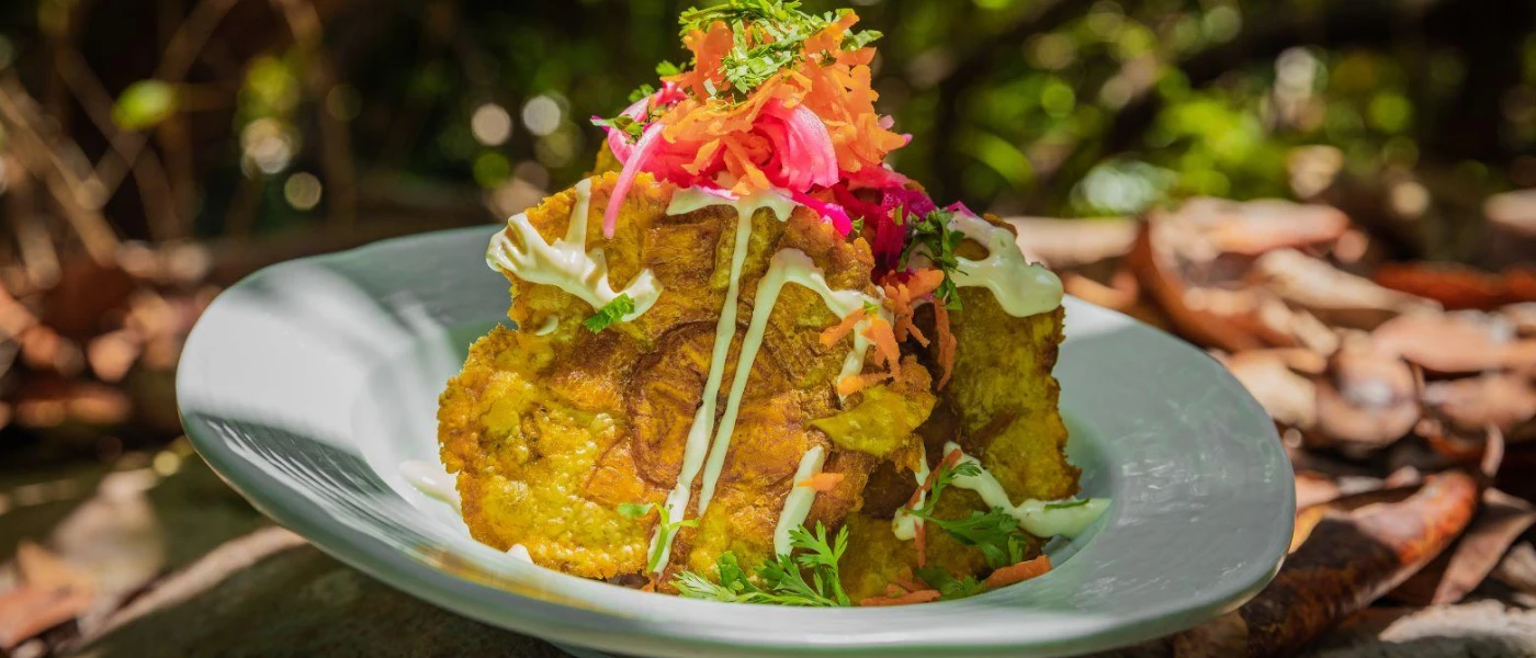 Vegetable fritters piled high with a salad topping and white dressing, served in a tropical garden setting