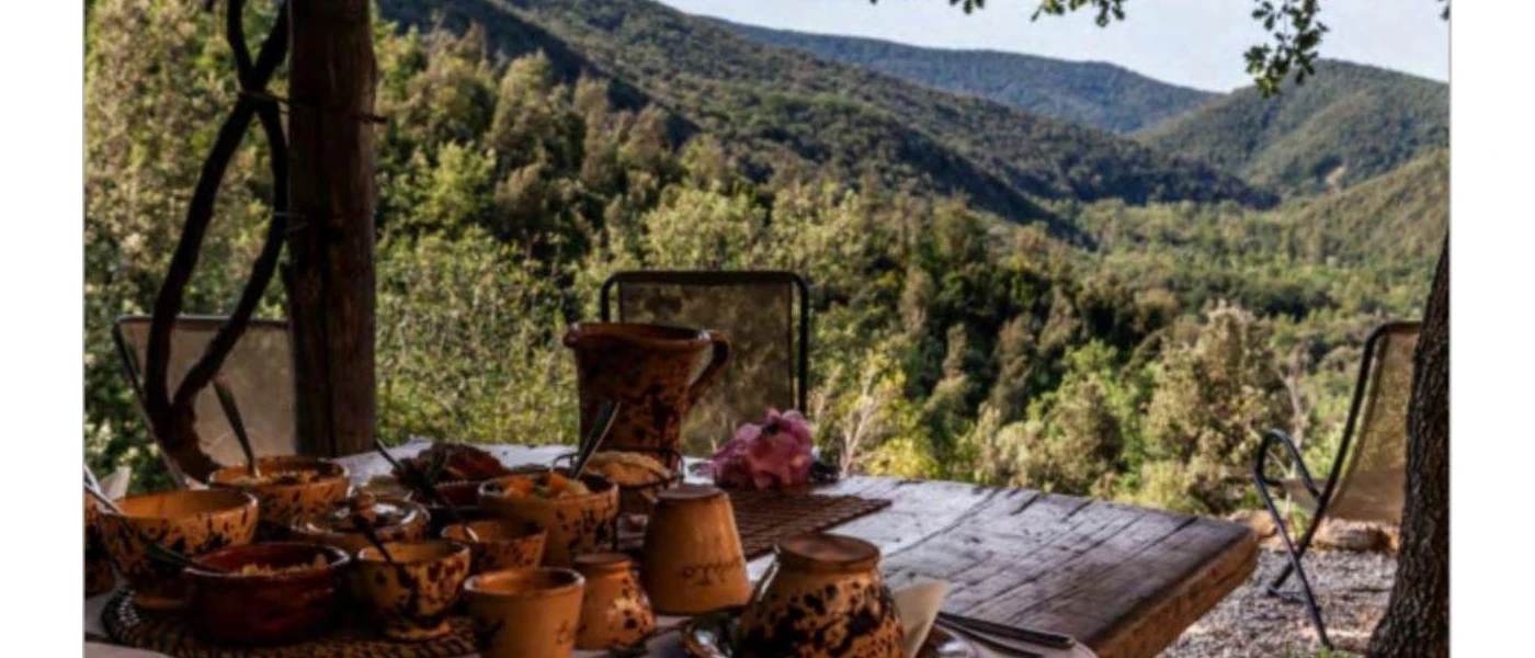 Outdoor table laid up with fruit overlooking a green valley
