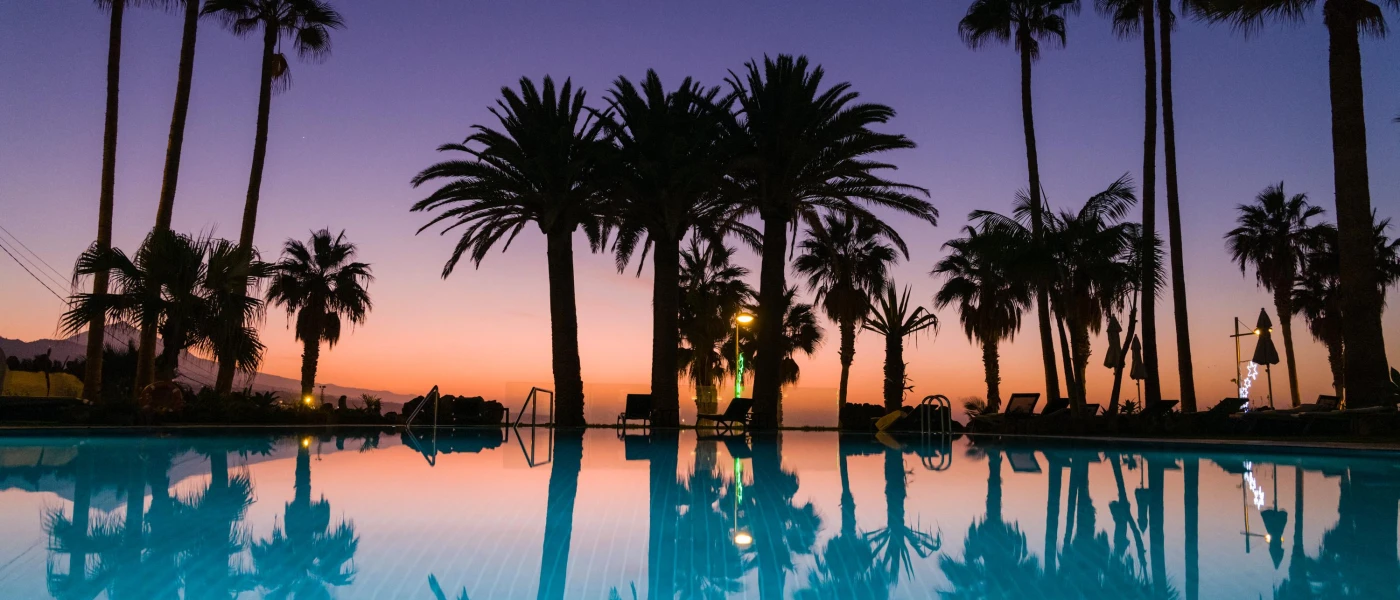 Palm trees next to a swimming pool as the sun goes down 