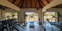 Gym with a wood-beamed ceiling and floor-to-ceiling windows, equipped with treadmills, benches, bikes and weights