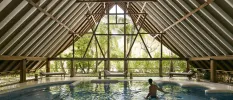 Indoor pool with jets in a room with a triangular wood-beamed roof and floor-to-ceiling windows with a view of tropical gardens