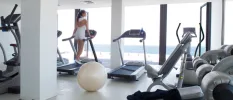 Gym overlooking the sea with equipment including treadmills, an exercise ball and a woman working out