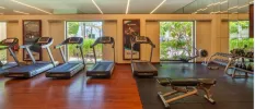 Gym with wooden and mat flooring with treadmills, benches and floor-to-ceiling windows 