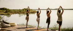 Group practice yoga on a wooden decking with mats and beanbags and a lagoon view