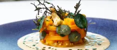 Intricately presented orange pile of food on top of a white sauce, with herbs as a garnish