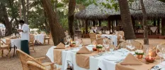Waiter laying tables with white tablecloths and beige napkins in an outdoor setting surrounded by trees