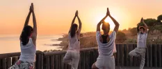 Four people in white clothing stretch their hands upwards clasped in prayer as the sun rises over the sea