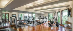 Gym with a rower, bikes and treadmills and floor-to-ceiling windows with a jungle view