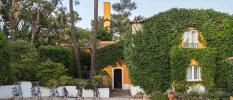 Rustic yellow farmhouse cloaked in ivy, with terracotta roof tiles and bikes lined up in front