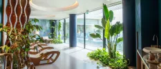 Relaxation area with wooden white-cushioned loungers, green plants, and floor-to-ceiling windows 