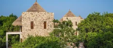 Cobbled stone buildings with triangular thatched rooftops among tropical greenery under a blue sky