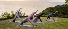 Group yoga fitness class taking place on a lawn overlooking the sea