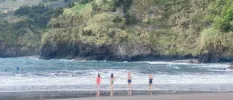 Four people in swimwear entering the sea with green mountains surrounding them