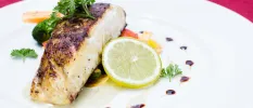 Fillet of grilled fish plated up with a slice of lemon and a herb garnish