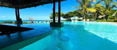 Swim-up bar in an infinity pool surrounded by loungers and greenery