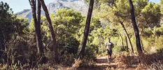 Man in active wear runs through woodland with mountains in the background