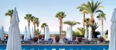 Swimming pool lined with white parasols, white-cushioned loungers with blue rolled towels on top, tall palm trees and a view of the sea 