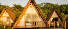 Thatched-roof A-frame villas with wooden terraces backed by jungle