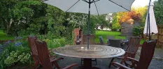 Table, chairs and umbrella in a leafy garden