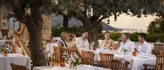 Group of smiling people sat around a white-clothed table under lanterns, on an al fresco terrace with a sea view