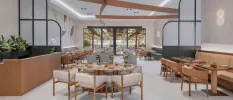 Airy restaurant with white walls and floors, wooden furniture and shrubs, plus floor-to-ceiling windows
