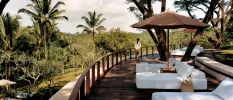 White daybeds and brown umbrellas on a wooden terrace overlooking tropical jungle