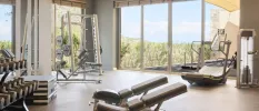 Gym with floor-to-ceiling windows with views over gardens, equipped with weights, benches and a treadmill