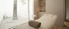 Cushioned bed for spa treatments with a brown towel next to a large window
