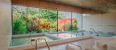 Indoor pools in a room with floor-to-ceiling windows and a view of the gardens, with a sign reading 32 degrees showing the water temperature