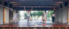 Group on blue and white towels practice yoga in a wooden, open-sided pavilion