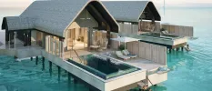 Two thatched-roof villas with sleek wooden decking and walls, with swimming pools and steps direct to the sea