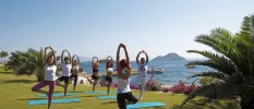 Group in active wear enjoy a yoga class in a sunny garden overlooking the sea