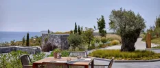 Wooden table on a sunny concrete terrace overlooking shrubs and the Aegean Sea
