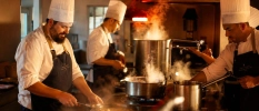 Chefs cooking meals in the hotel's kitchen