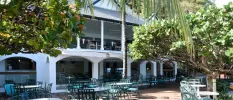 Outdoor dining area set with tables and chairs surrounded by greenery