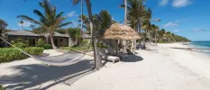 White sand, thatched umbrella, straw hammock and palm trees