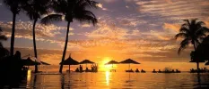 Ocean at sunset with palm trees and thatched umbrellas