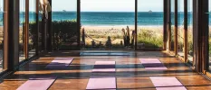 Room overlooking the sea laid out with purple yoga mats on a sunny day