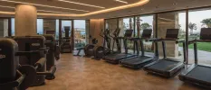 Gym with multiple treadmills, low lighting and full-length windows offering a view of the lawns and palm trees just beyond
