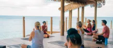 Group practice yoga on a wooden deck under an ocean-facing thatched-roof pavilion