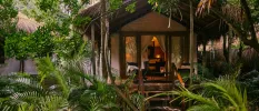 Lodge-style accommodation in the jungle, with a palapa roof and full-length terrace doors that show white drapes inside