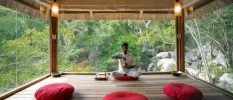 A man sits cross-legged in a yoga shala with panoramic windows, with three red cushions laid out ready to welcome guests