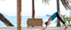 Woman in active wear in downward dog yoga pose practicing by the ocean